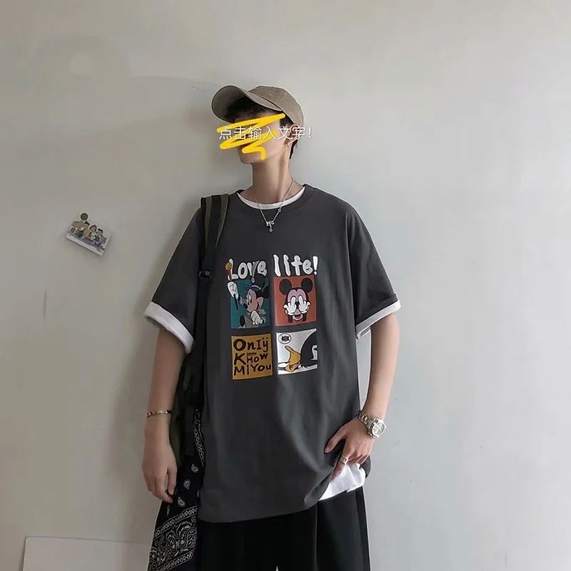 Disney Men T-shirt Summer Fashion Cartoon Mickey Anime Printed Short Sleeve Casual All Match Middle Top External Wear | Мужская одежда