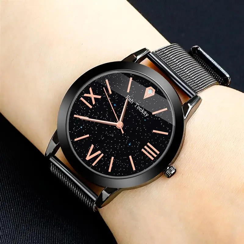 Модные женские черные часы из нержавеющей стали с сетчатым ремешком кварцевые