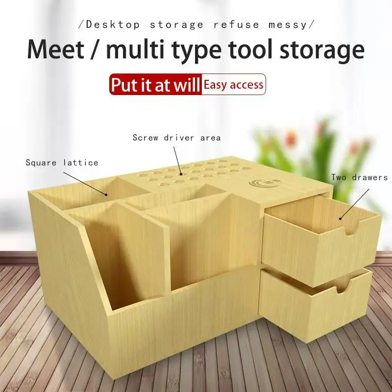 the newest multifunctional wooden storage box screwdriver tweezers holder mobile phone repair desktop storage tool parts box free global shipping