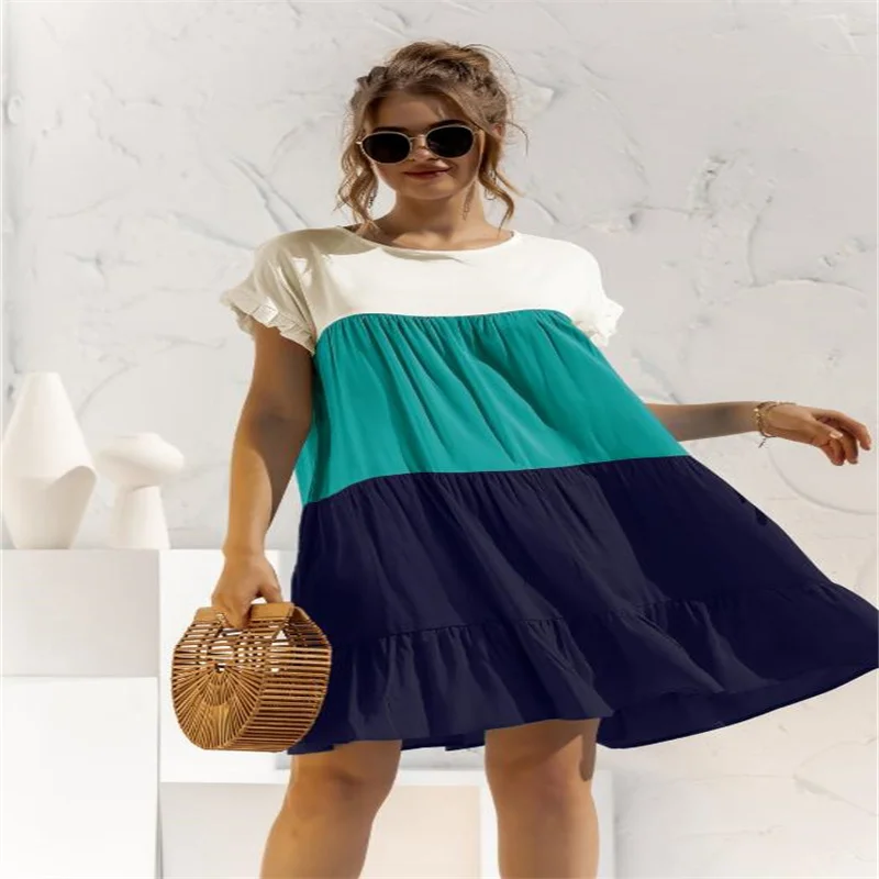 

2021 Fashion Patchwork Color Tiered Skirt Women Summer Causal Plus Size Ruffle Hem Sleeve Elegant Mid Waist Pullover Swing Dress