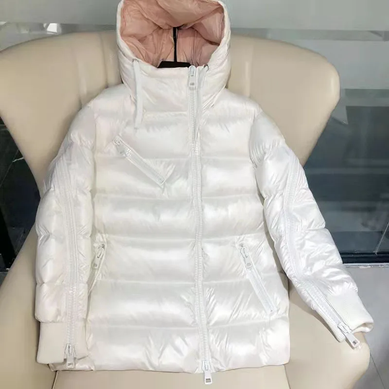 

Classic French mid-length down jacket oblique zipper ladies hooded jacket