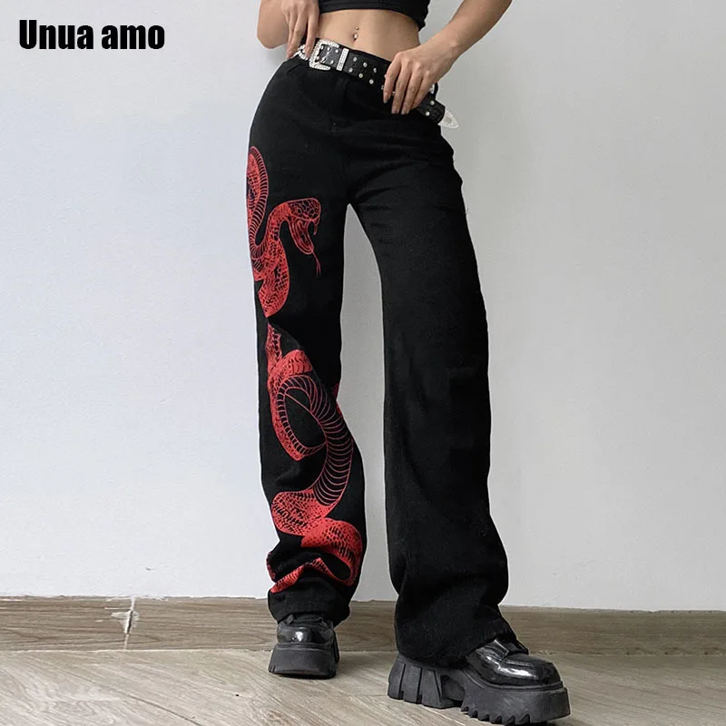 Unua amo Stylish Contrast Color Snake Print Straight Jeans Woman Baggy Wild Trousers Female Casual Streetwear Black Denim Pants