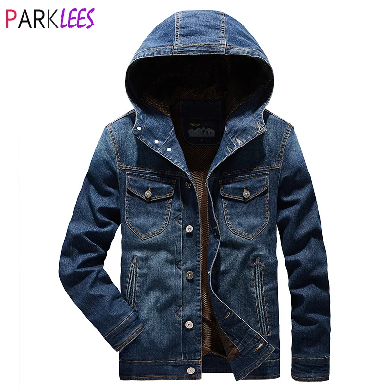 

Men's Denim Hoodie Jacket Casual Slim Fit Button Down Jacket Coat Men Washed Cotton Trucker Jacket Male Veste En Jean Hommes 4XL