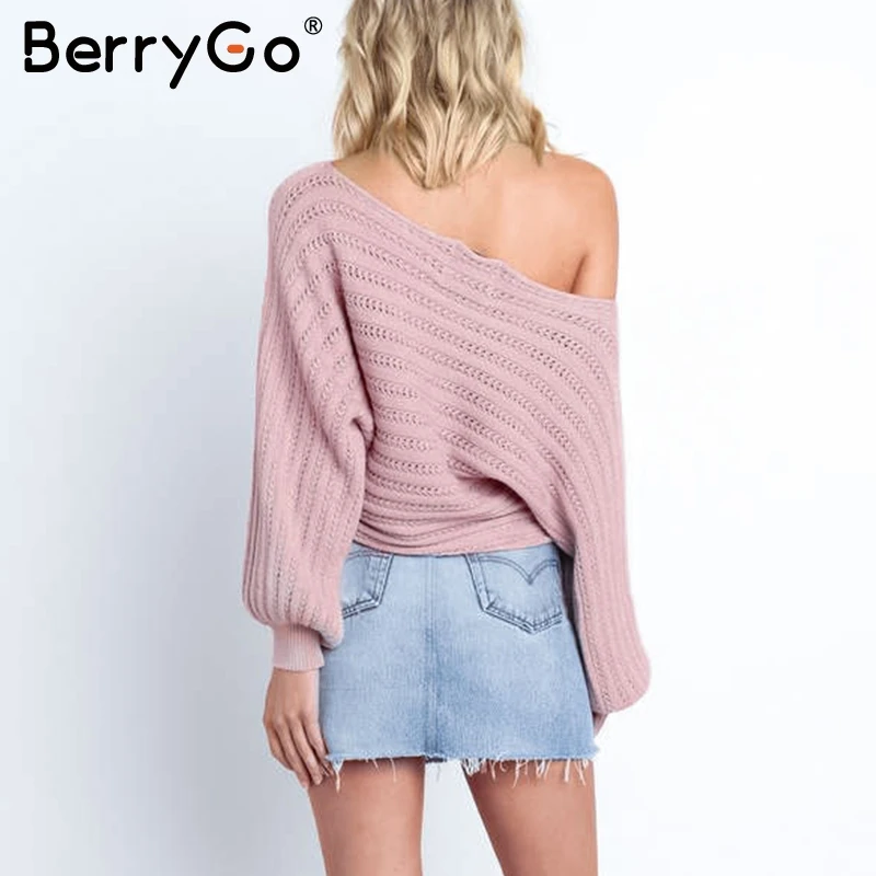 BerryGo Sexy off shoulder women knitted sweater Lantern sleeve hollow out pullover sweaters Loose autumn winter white jumpers | Женская