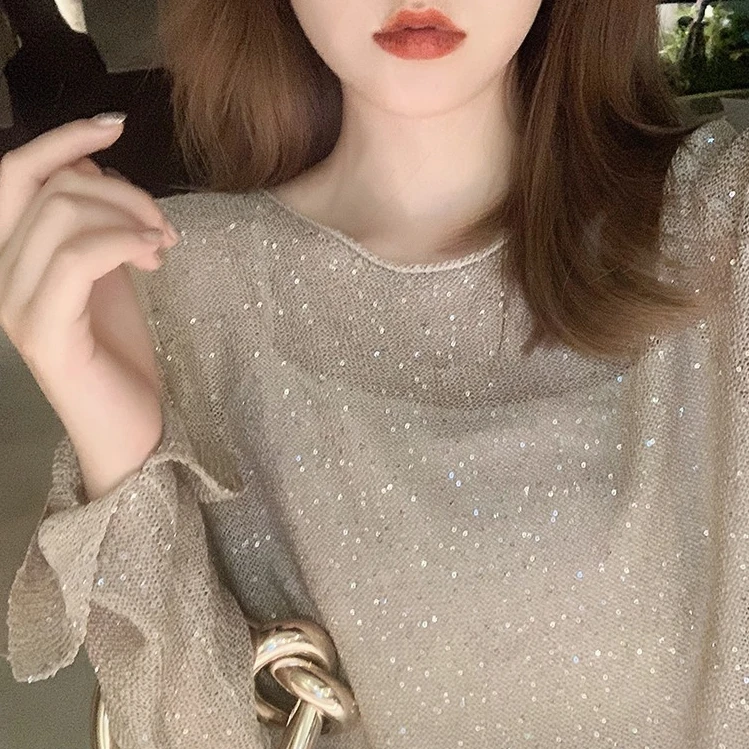 Рубашка Cakucool Женская трикотажная с блестками Базовый Топ длинным рукавом