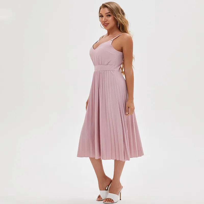 

Summer Sexy Deep V Neck Spaghetti Straps Maxi Women's Dress Fashion Solid Backless Empire Party Pleated Ladies Dresses Vestidos