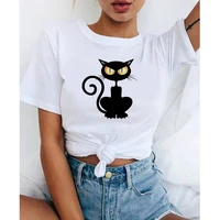 black slim cat print t shirt female fashion tshirt o neck short sleeve harajuku t shirt white female tops