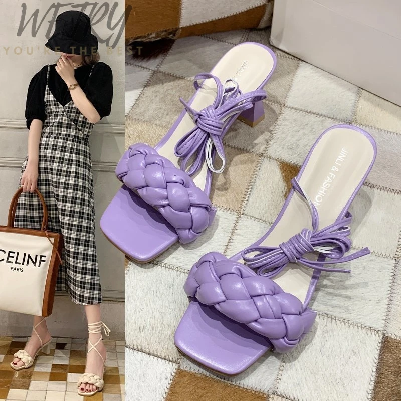 

Woman Sandals 2020 Summer Thin High Heels Sandals Weave Square Toe Slippers Ladies Heel Sexy Ladies Leather Shoes Big Size