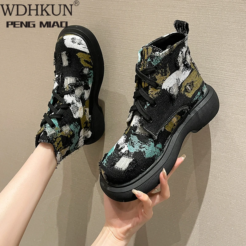 

Zebra Pattern Platform Boots Women Round Toe Chunky Heel Ankle Boots for Women Lace Up Cross-tied Boots Women