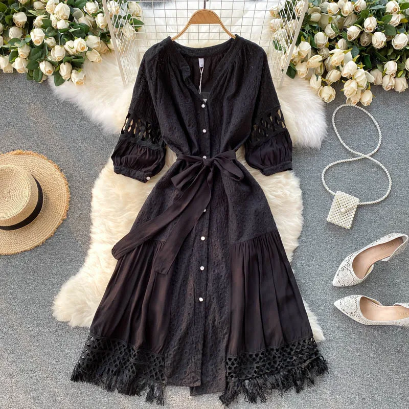 

Aibeautyer Spring Korean Streetwear Dress Women Design Tassel Dress Hollow Puff Sleeve Single Breasted Sashes A-line Dresses