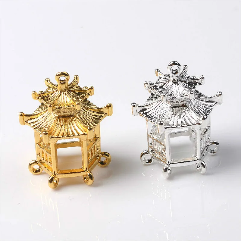 

5PCS 24.5*30mm Fashion Metal Alloy Gold/Silver color Small Pavilion Pendant Connectors Charm For Jewelry Making