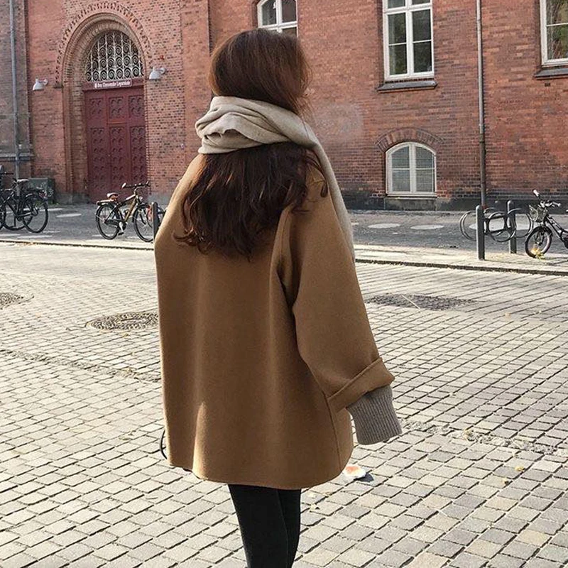 

2021Autumn Women Wool Coat Long Sleeve Single Breasted Fashion Turn Down Female Blends Causal Loose Winter Outwear