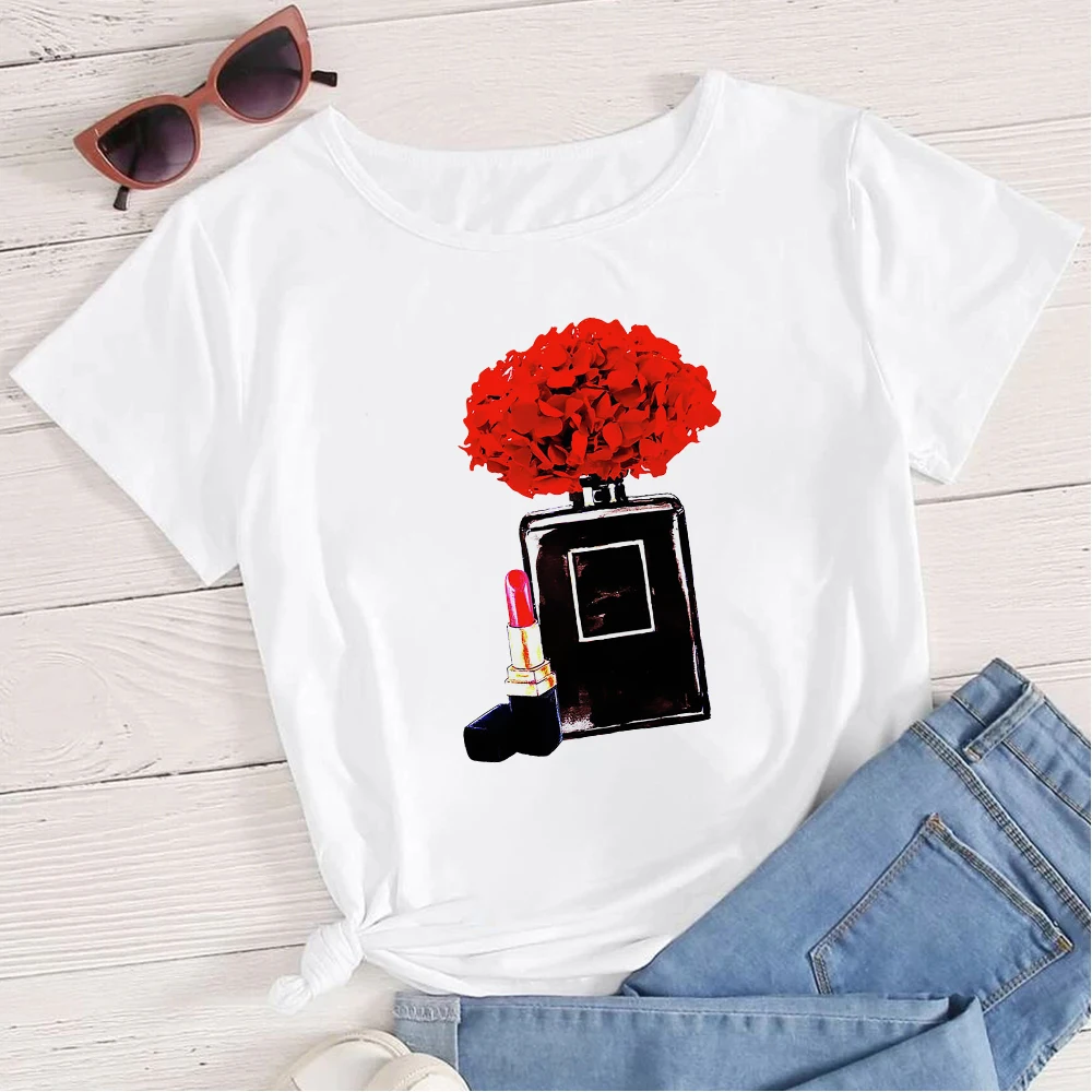 

Woman's T-shirt Versatile Red Lipstick Perfume Bottle Printed Short Sleeve Personalized Soothing Style Spring And Autumn Top