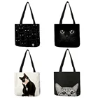 Тканевые складные сумки для покупок для продуктов, Милая Черная сумка-тоут с принтом кота для женщин, индивидуальные школьные дорожные сумки через плечо