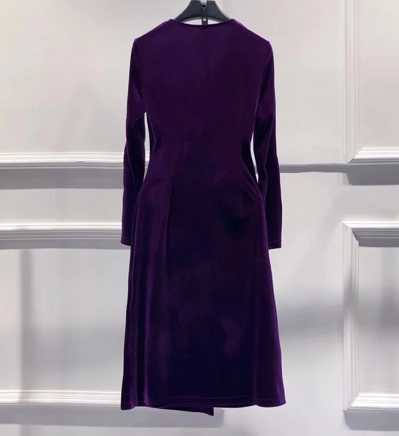 

2021 Velvet Dress Autumn Winter Christmas Party Vestidos De Festa Women V-Neck Diamond Beading Long Sleeve Dress Wine Red Purple