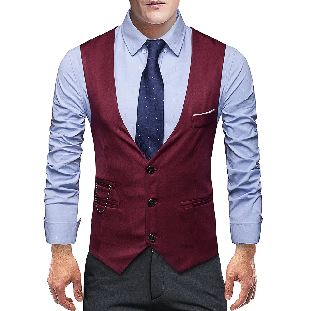 

Free Shipping Spring And Summer New Slim Solid Color Men's Single Row Three Buckle Vest With Chain Men's Suit Vest Wedding 5XL 0