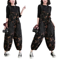 plus size womens denim overalls womens spring and autumn loose literary print wide leg big pocket casual harem pants