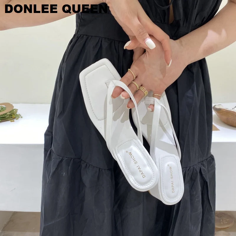 2020 New Fashion Square Toe Heels Slippers Women Slip On Slides Narrow Band Sandal Summer Shoes Beach Flip Flops Outdoor Slipper | Обувь