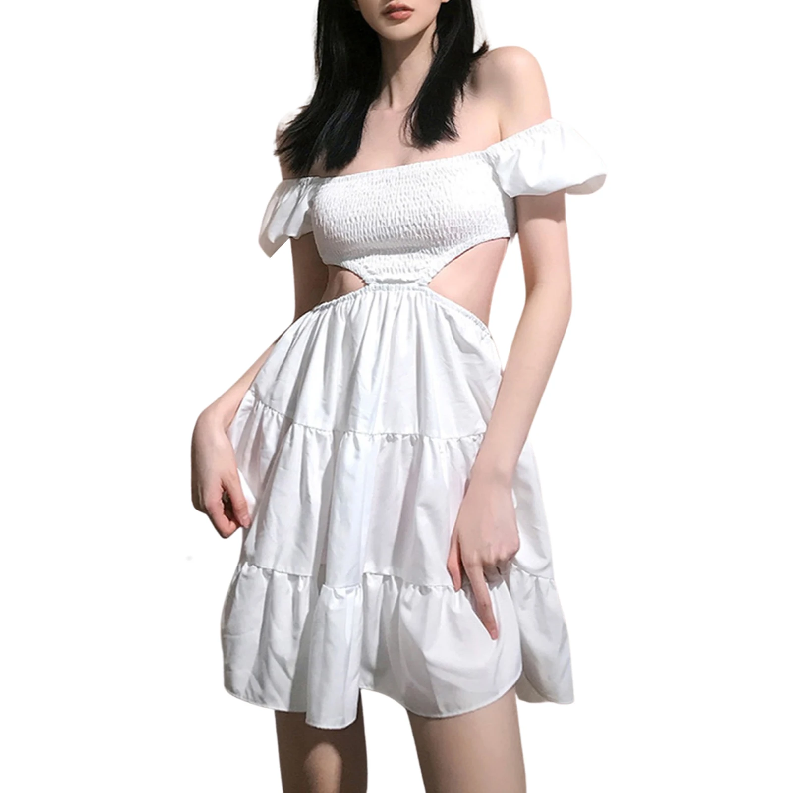 

Women's A-Line Mini Dress, Short Puff Sleeve Solid Color Shirred Cutout High Waist Dress