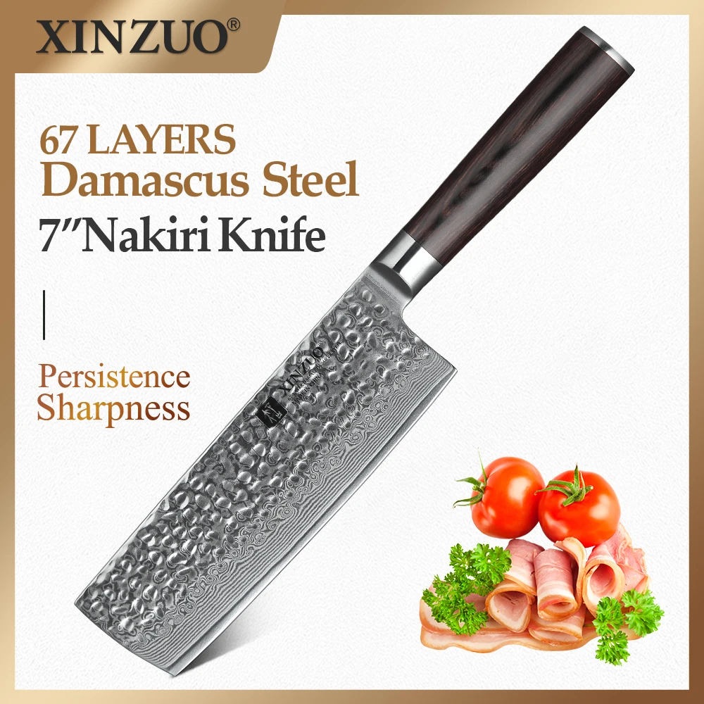 XINZUO 6.8 Inch Nakiri Knife Chef Kitchen Knife Damascus Steel Chinese Cleaver Vege Hammer Stria Cook Knives Pakka Wood Handle