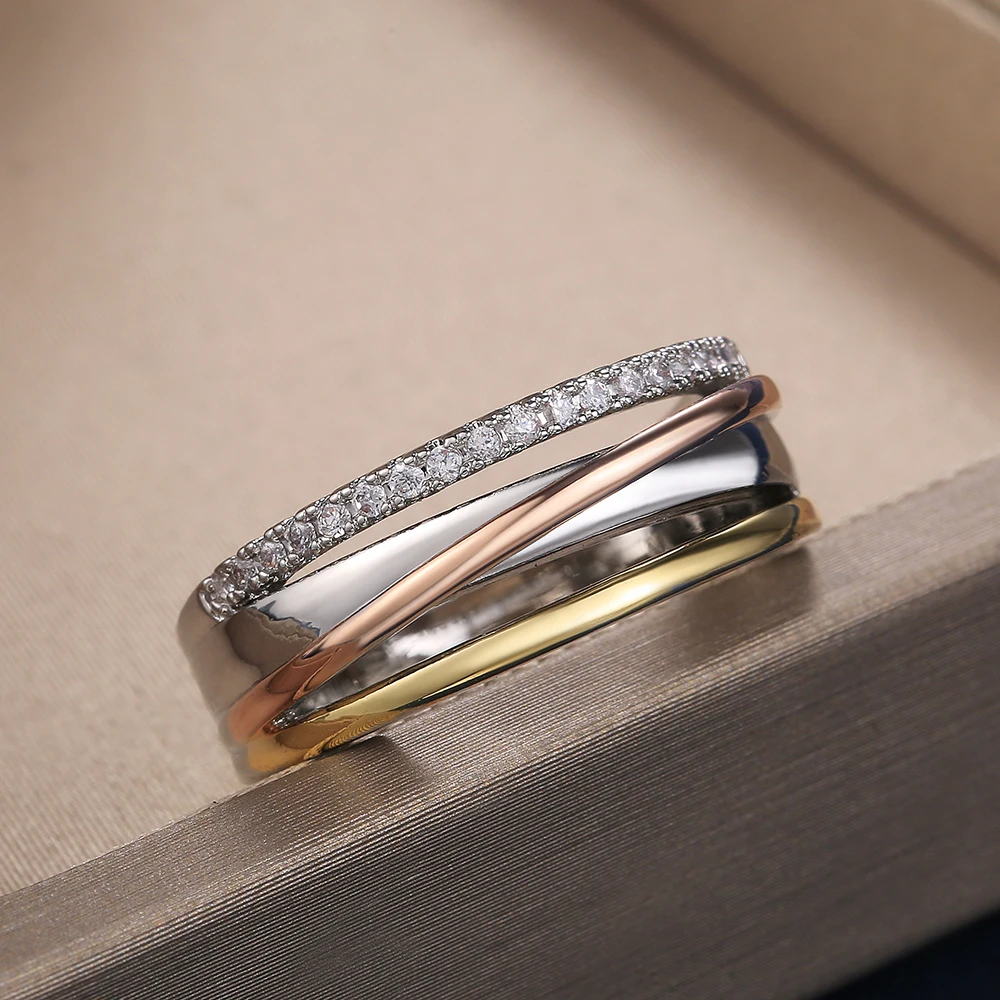 Huitan Модный Крест женские кольца с фианитами креплением микро паве три тона крест