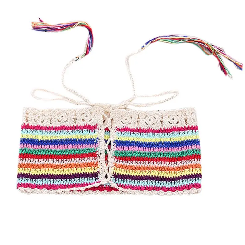 Womens Sexy Bohemian Rainbow Handmade Crochet Knitted Bikini Set Drawstring Lace Up Bandeau Tube Top Shorts Beach Swimsuit Drop | Спорт и