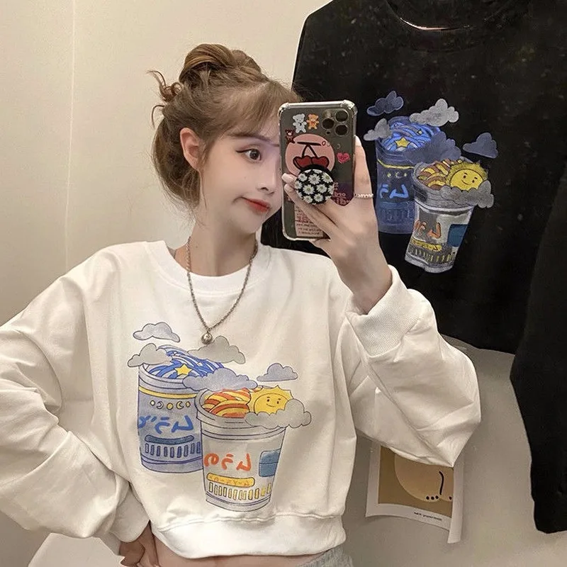 

Hoodies Women O-neck Crop Top Autumn Printed Streetwear All-match Long Sleeve Teens Fashion Hoodie Kpop Chic Vintage Sweatshirt