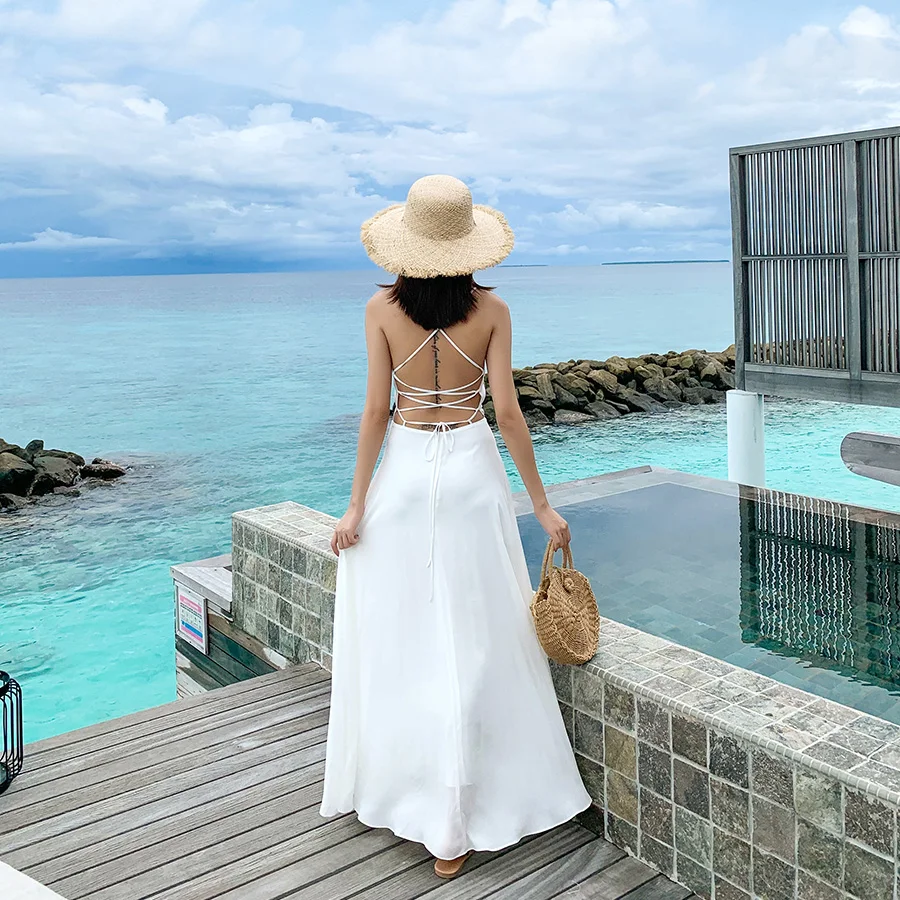 

Summer Women Long dress Spaghetti Strap Maldives Sexy Backless Big Super Seaside Resort Dresses White 3290