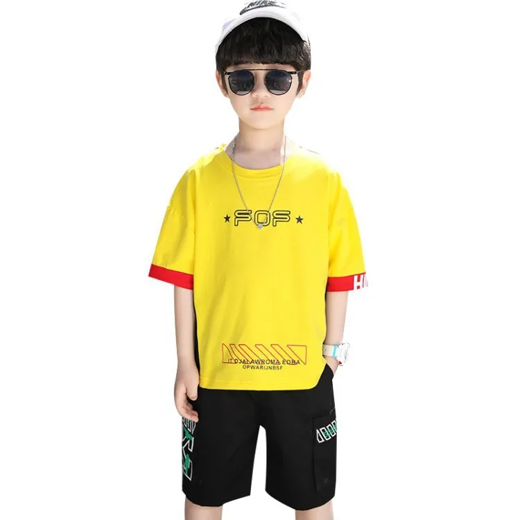 

Kids boys cotton short-sleeved T-shirt printing letters five pants 2pcs summer suit new big virgin suit