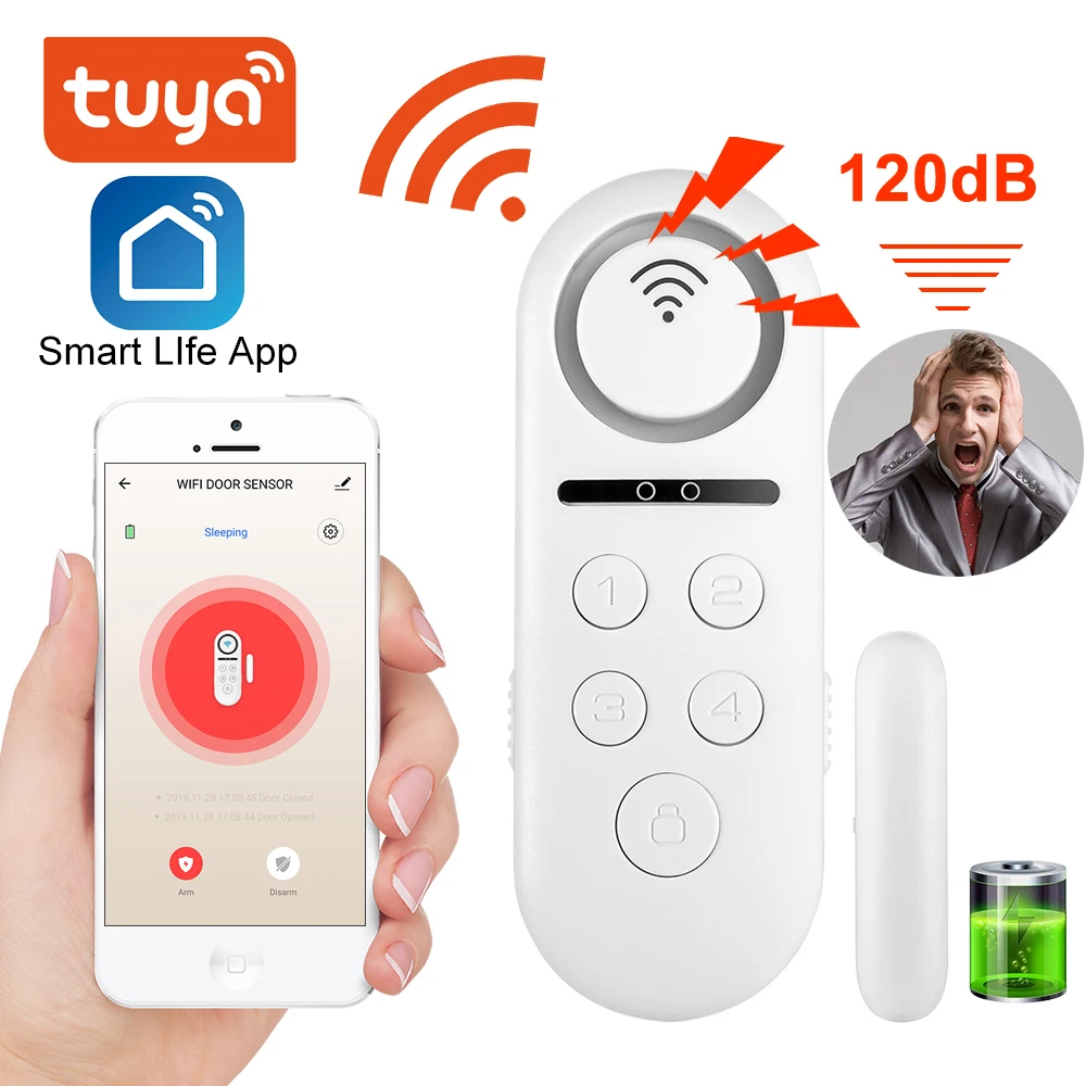 

Смарт-датчик двери Tuya, встроенный беспроводной магнитный датчик окон, магнитный переключатель, открытая сигнализация, приложение Smart life, Alexa Google