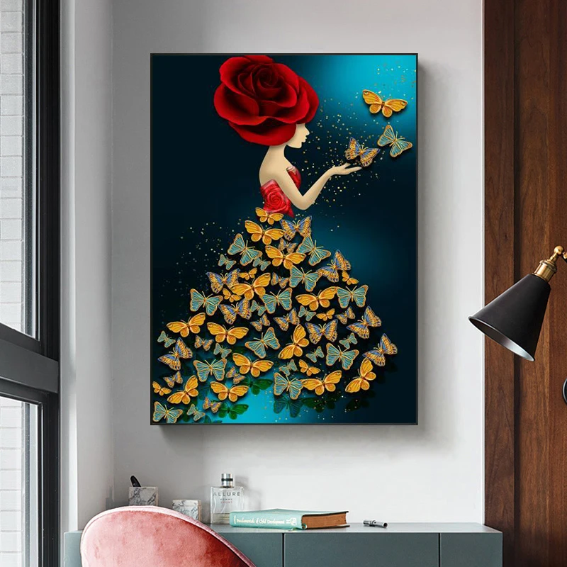 

Abstract Rose Butterfly girl canvas painting abstract on Canvas Pop Art Poster and Print Wall Picture for Living Room Decor