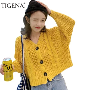 Женский короткий вязаный свитер TIGENA, корейский Кардиган с длинным рукавом, желто-красный трикотажный жакет, одежда для зимы 2020