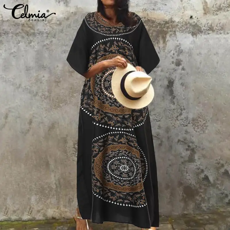 Celmia Kaftan Dress 2020 Women Summer Vestidos Sexy Sleeve Party Maxi Robe Femme Retro Print Shirt Sundress S-5XL | Женская одежда