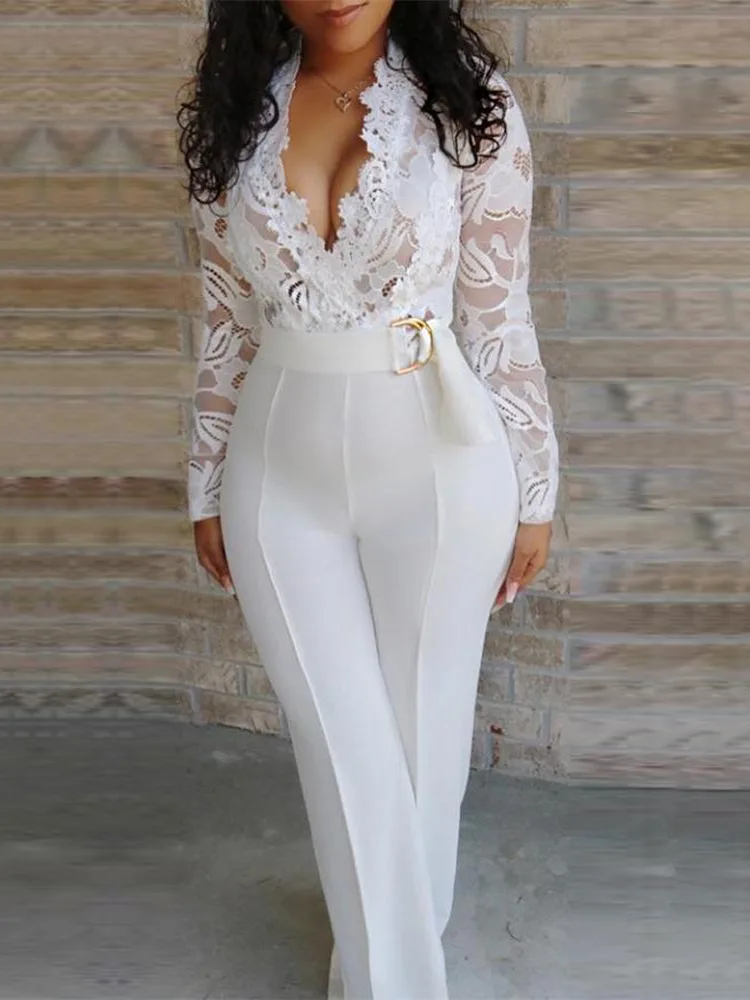 

ebay2021 autumn sexy deep V perspective lace stitching jumpsuit trousers women