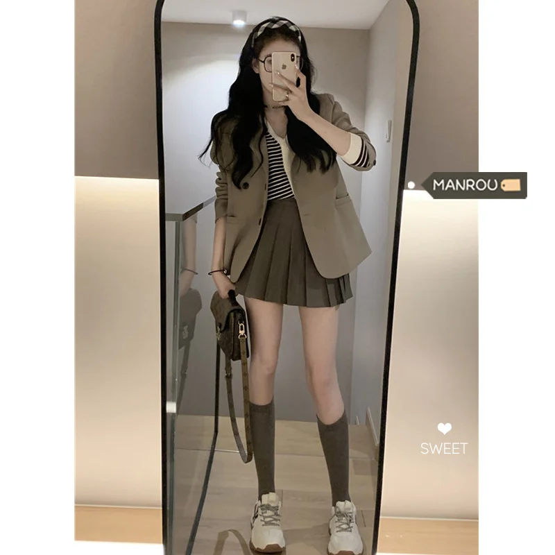 Кофейный повседневный костюм пальто женский новый корейский свободный с длинным