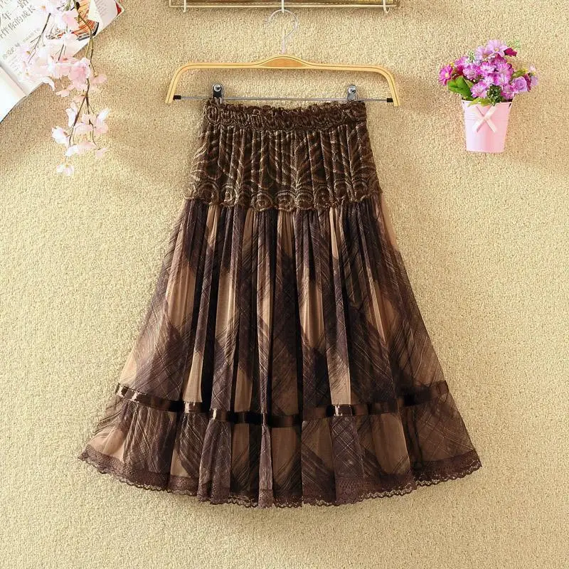 

2021 Новая летняя юбка в складку для женщин свободного покроя с кружевом в Корейском стиле с эластичной резинкой на сетчатая юбка миди юбки Цв...