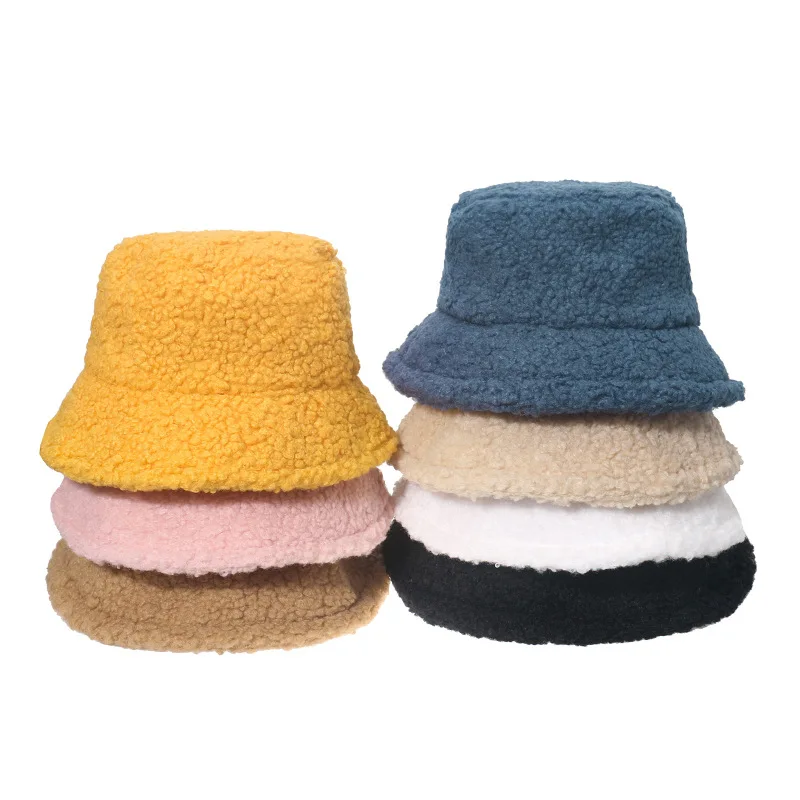 New Fluffy Bucket Hat Lamb Wool Hats Winter Warm Fishing Caps Faux Fur Panama Men Women Tide Flat Top Hats Chapeau Femme Gorro