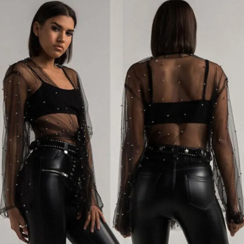 Женская прозрачная блузка с бусинами черная и красная ажурная сетчатая длинным