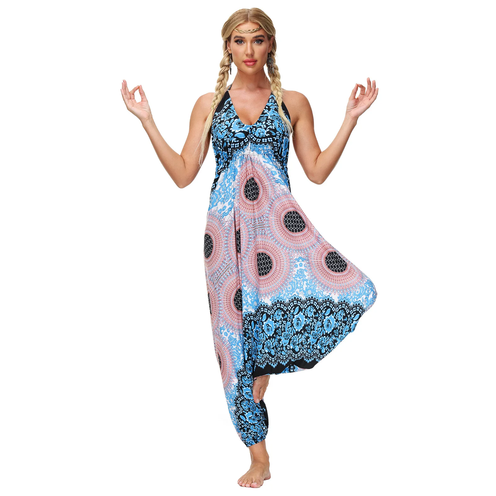 

Women's Bodysuit Deep V-Neck Spaghetti Strap One-Piece New Bohemian Casual Bodysuit Loose Legged Yoga Pants