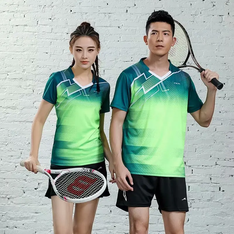 

New Men/Women Short Sleeve Badminton Suit Polyester V-neck Tennis Suit Volleyball Jogging Sportswear Moisture Absorption