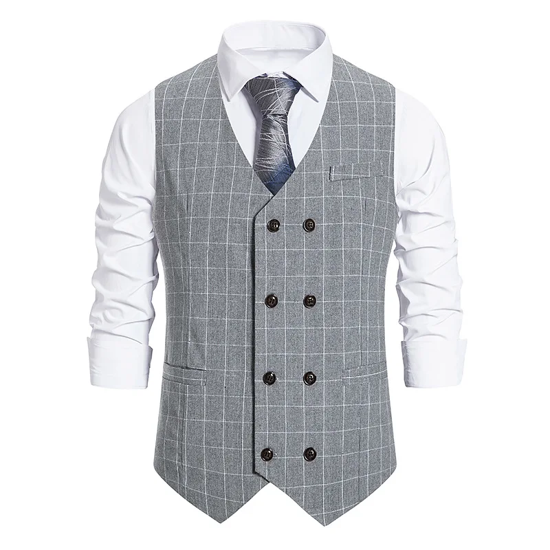 

PARKLEES Mens Plaid Double Breasted Slim Fit Business Vest Suit Formal V Neck Tuxedo Men Vests Wedding Casual Waistcoat Tops