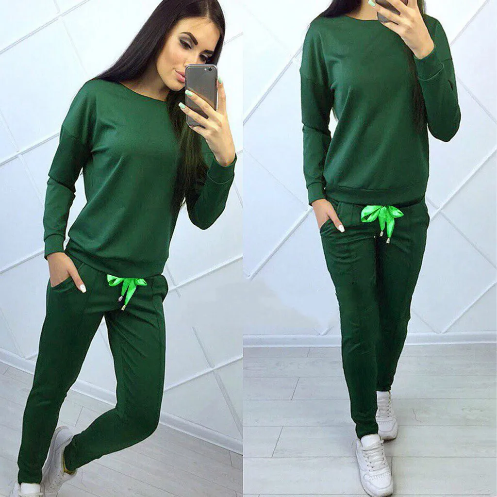 

Fashion Women 2 Pieces Set Fitness Tracksuit Long Sleeve Pullove Sport Tops+Long Pants Suit Autumn Winter Solid Hooded Wear