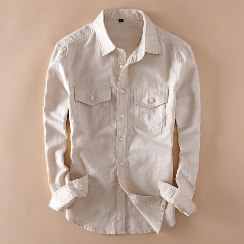 Helisopus Cotton Linen Shirts Mens Long Sleeve Casual White Shirt with Pocket Male Classic Hemp Shirts image 3