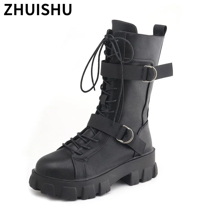 

Women's High Boots Platform Motorcycle Boots 2021 Lace Up Chunky Heel Boots Mid-calf Boots Woman Belt Buckle Femmes Bottes