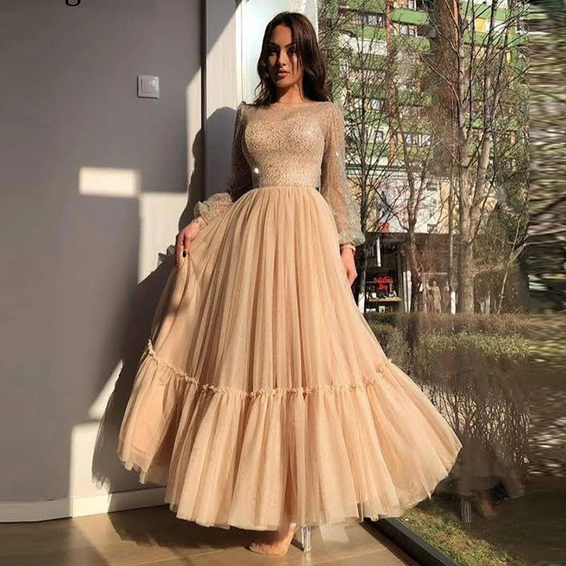 

Long Sleeves Champagne A Line Tulle Prom Dresses Sparkly Modest Sheer Scoop Neck Ankle Length Formal Evening Gowns 2021