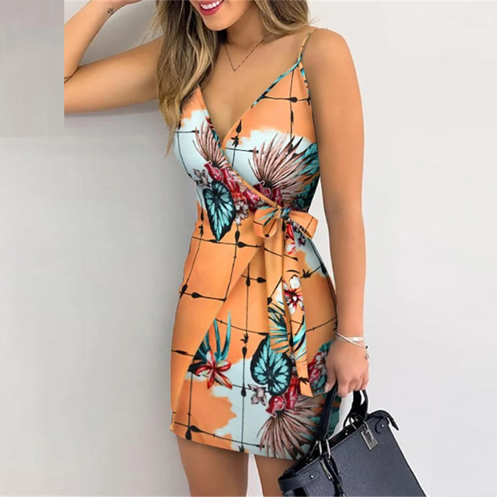 

Women Strap Mini Dress Lace Up Fashion Sexy V-neck Print Sling Dress Party Elegant Backless Dress Club Slim 2021
