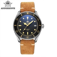 addies dive mens watch nh35 movement brown plush strap c3 luminous watch stainless steel case date display 200m diving watches