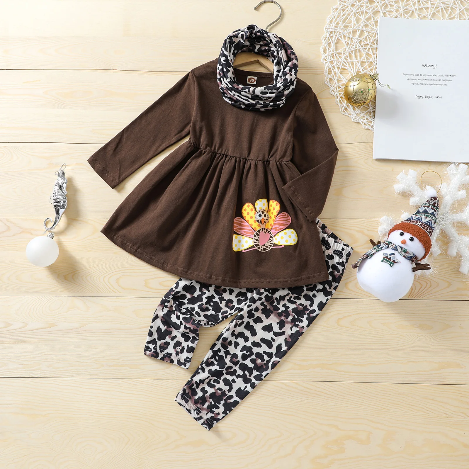 

3 Pcs Infant Thanksgiving Day Outfits Baby Girls Long Sleeve Round Neck Pullover + Leopard/Turkey Print Pants + Neckerchief
