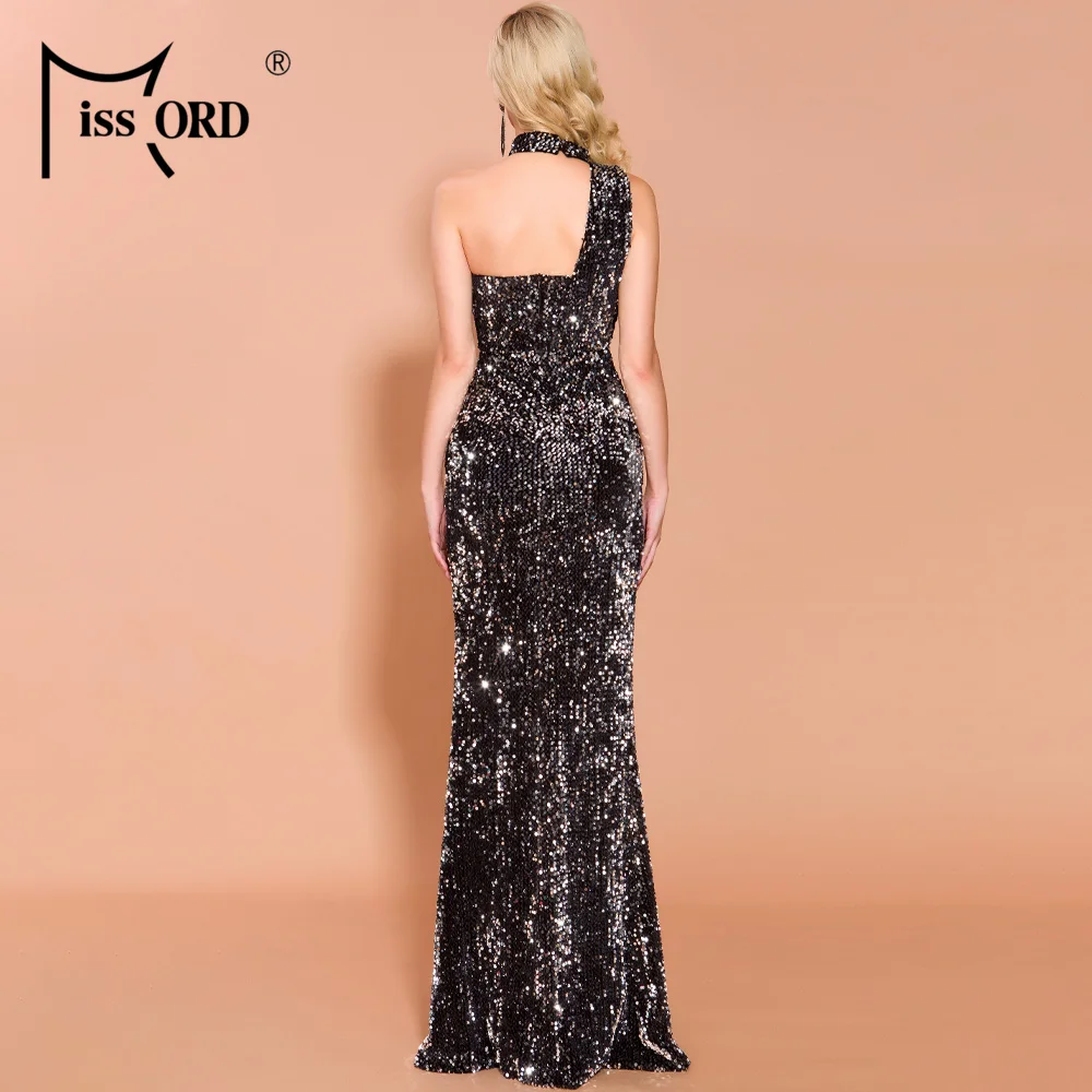 Missord Solid Color Sequins Irregular Neck bodycon Women Party Dress High Split One Shoulder Sleeveless Maxi Dress FT19685