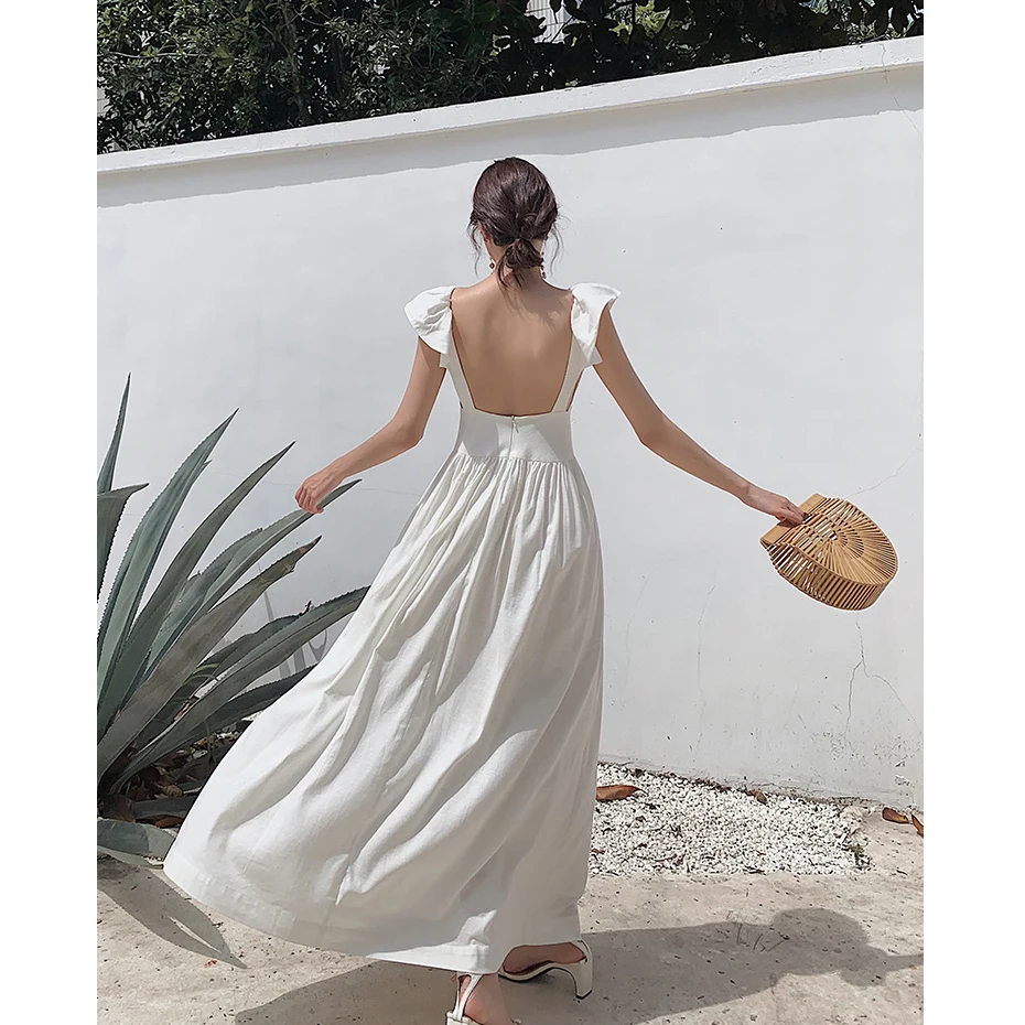 

Women Elegant White Dress Bohemian Beach Holiday Sleeveless Midi Party Dresses 2019 New Female Ladies Clothing Vestidos